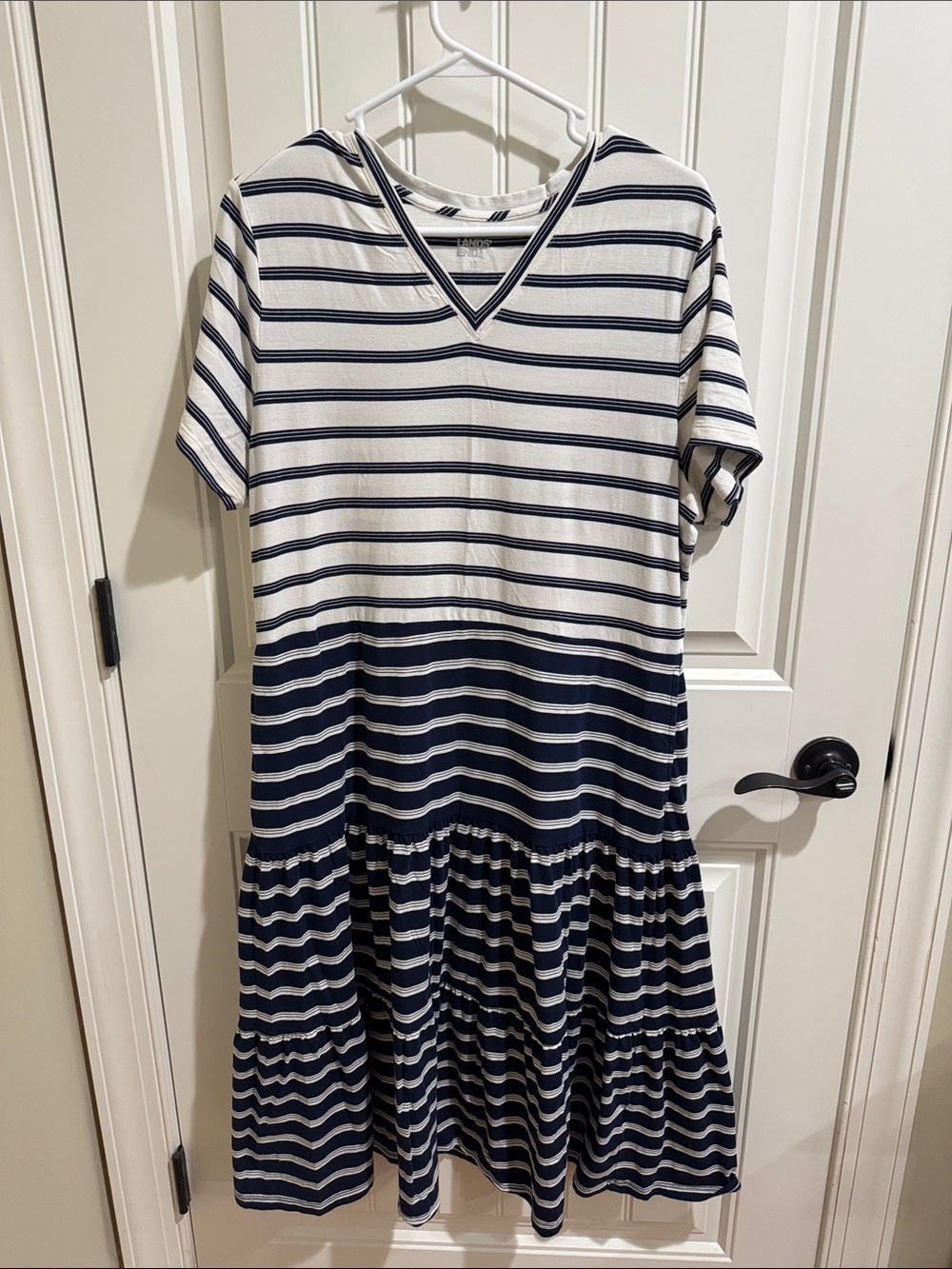 Lands' End Navy and White Striped V-Neck Tiered Dress